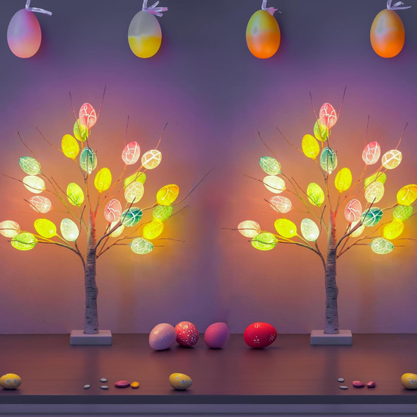 Dazzle Bright 2 Pack Easter Pre-lit Birch Tree, 24 Inch 24 LED Battery Operated Tree with Colorful Egg Ornaments, Lighted Birch Tree Easter Decoration for Party Indoor Home Easter Decor