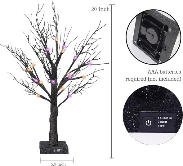 Dazzle Bright 20 Inch Orange & Purple Lighted Halloween Birches Tree Decor, 24 LED Battery Operated Halloween Decorations Artificial Black Spooky Tree with Timer for Indoor Home Holiday Xmas Party