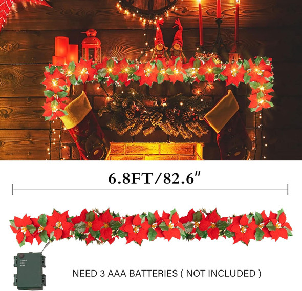 Dazzle Bright 7 FT Christmas Poinsettia Flowers Garland Decorations, 10 LED Lighted Artificial Velvet String Lights with Red Berries Holly Leaves, Xmas Ornaments for Indoor Outdoor Fireplace Decor
