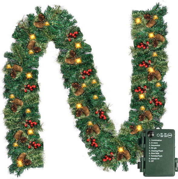 Dazzle Bright 9 FT Artificial Christmas Garland Prelit with 50 LED Lights, Pine Cones and Red Berries with 8 Modes Timer, Battery Powered for Front Door Home Office Christmas Decorations
