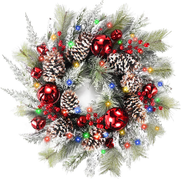 DDHS Christmas Wreaths for Front Door,24 Inch Pre-Lit Winter Wreath with Big Bells, Pine Cones, Red Berries 60 LED Lights, for Party Table Fireplaces Porch Walls Years Christmas Home Decor-Snow