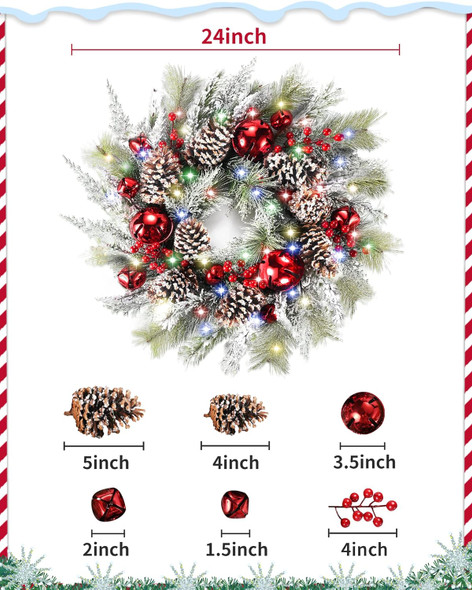 DDHS Christmas Wreaths for Front Door,24 Inch Pre-Lit Winter Wreath with Big Bells, Pine Cones, Red Berries 60 LED Lights, for Party Table Fireplaces Porch Walls Years Christmas Home Decor-Snow