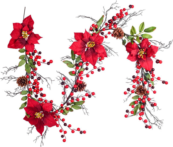 DearHouse 5.3 Ft Berry Christmas Garland, Artificial Poinsettia Garland with Red Berries and Holly Leaves, Pine Cone Garland for Winter Holiday Year Decor