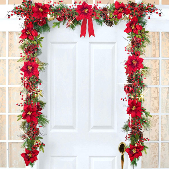DearHouse 5.3 Ft Berry Christmas Garland, Artificial Poinsettia Garland with Red Berries and Holly Leaves, Pine Cone Garland for Winter Holiday Year Decor