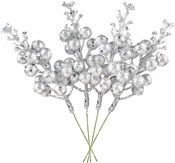 DearHouse 14 Pack Christmas Glitter Berries Stems, 7.8Inch Silver Artificial Christmas Picks for Christmas Tree Ornaments, DIY Xmas Wreath, Crafts, Holiday and Home Decor