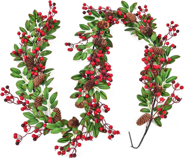 DearHouse 6FT Red Berry Christmas Garland with Pine Cone Garland Artificail Garland Indoor Outdoor Garden Gate Home Decoration for Holiday Winter Year Decor