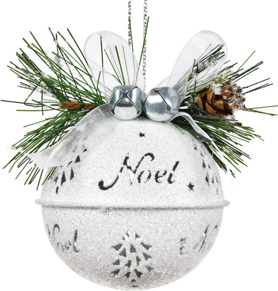 DearHouse 6 Pcs Big Christmas Jingle Bells, 3.4 Inch White Glitter Christmas Metal Sleigh Bells Rustic Craft Bells for Christmas Tree Wreath Garland Ornaments Holiday DIY Decorations