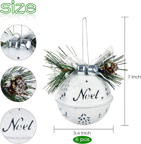 DearHouse 6 Pcs Big Christmas Jingle Bells, 3.4 Inch White Glitter Christmas Metal Sleigh Bells Rustic Craft Bells for Christmas Tree Wreath Garland Ornaments Holiday DIY Decorations