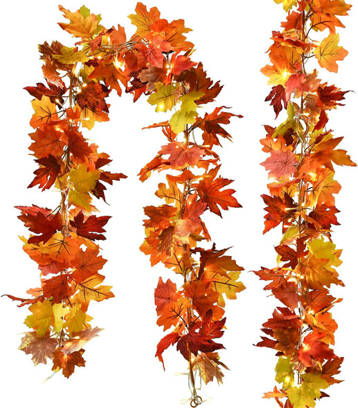 DearHouse 2 Pack Fall Maple Garland, 5.9Ft/Piece Hanging Vine Garland with 2Pcs 7.5 ft 20 Led String Light, Artificial Autumn Maple Leaf Garland Thanksgiving Decor for Home Wedding Fireplace Party