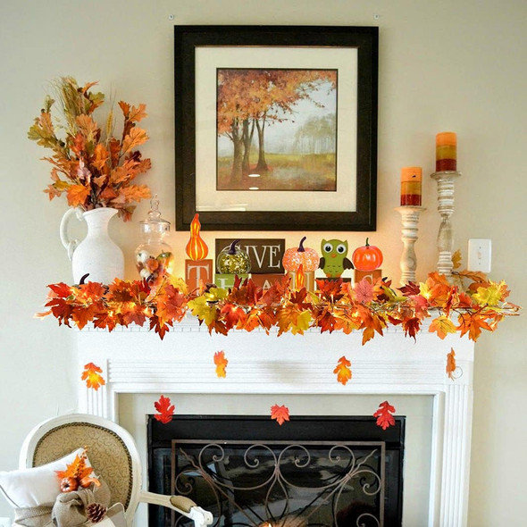 DearHouse 2 Pack Fall Maple Garland, 5.9Ft/Piece Hanging Vine Garland with 2Pcs 7.5 ft 20 Led String Light, Artificial Autumn Maple Leaf Garland Thanksgiving Decor for Home Wedding Fireplace Party