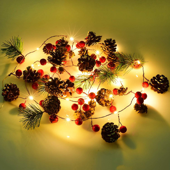 DearHouse 6.7FT Christmas Garland with Lights, 20 LED Red Berry Pine Cone Garland Lights Battery Operated, led Garland String Lights, Christmas Decorations for Home, Garland for Fireplace