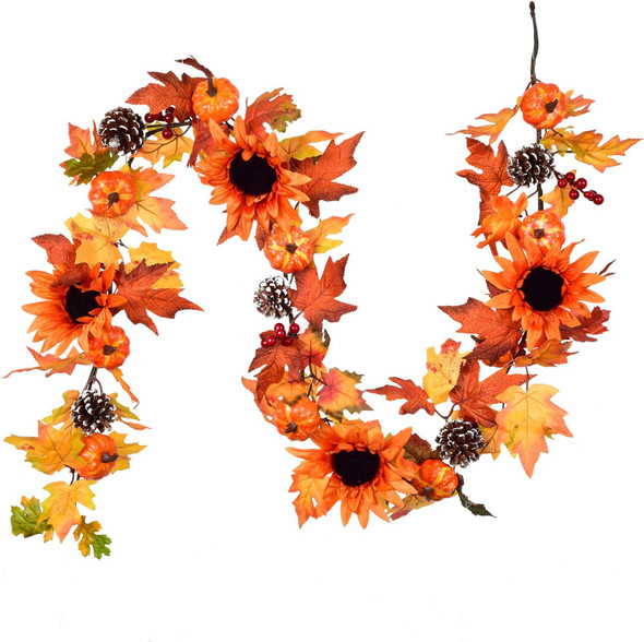 DearHouse Fall Maple Leaf Garland - 6ft/Piece Artificial Berries Sunflower Pine Cones Pumpkin Autumn Garland Decoration for Wedding Party Thanksgiving Dinner Fireplace Door Backdrop Decor