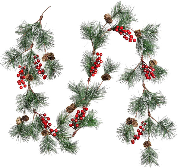 DearHouse 6FT Berry Christmas Garland with Pine Needles Berries Pinecones Winter Artificial Greenery Garland for Holiday Season Mantel Fireplace Table Runner Centerpiece Year Decoration