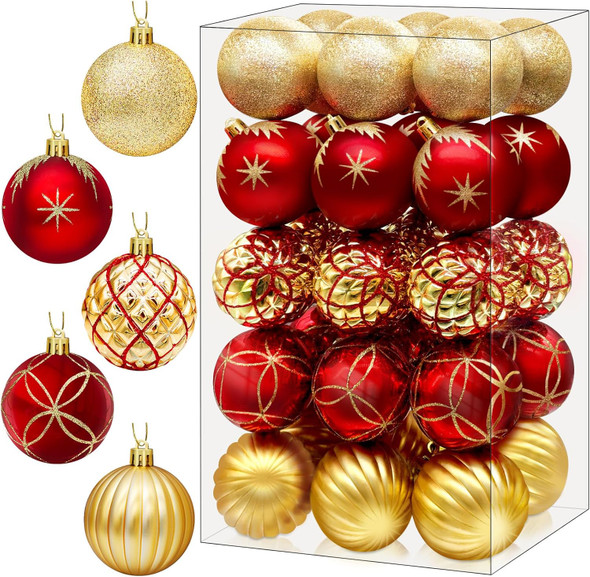 DeckTheHalls Christmas Ornaments, 30 Pcs 2.5 Inch Christmas Decoration Balls for Xmas Tree Hanging, Shatterproof Christmas Ball Ornaments for Festival Home Party Decors, (Red & Gold)