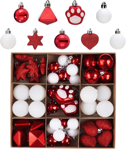 DecorbyHannah 45ct Christmas Ornaments Set, Shatterproof Mini Red White Christmas Ornaments for Tree Decorations, Small Decorative Pet Dog Theme Christmas Ball Ornaments for Home Party Decor