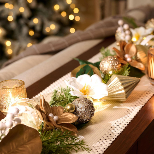 Decorbyhannah Christmas Garland with Lights, 6ft Prelit Gold White Christmas Garland Decorations with Ornaments and Magnolia, Battery Operated Christmas Garland Indoor for Mantle, Fireplace, Stairs