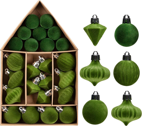 DecorbyHannah Mini Velvet Christmas Ornaments, 24ct Green Velvet Small Ornaments for Christmas Tree, Shatterproof Flocked Christmas Tree Ornaments Decorations for Home, St Patricks Day, Easter, Fall