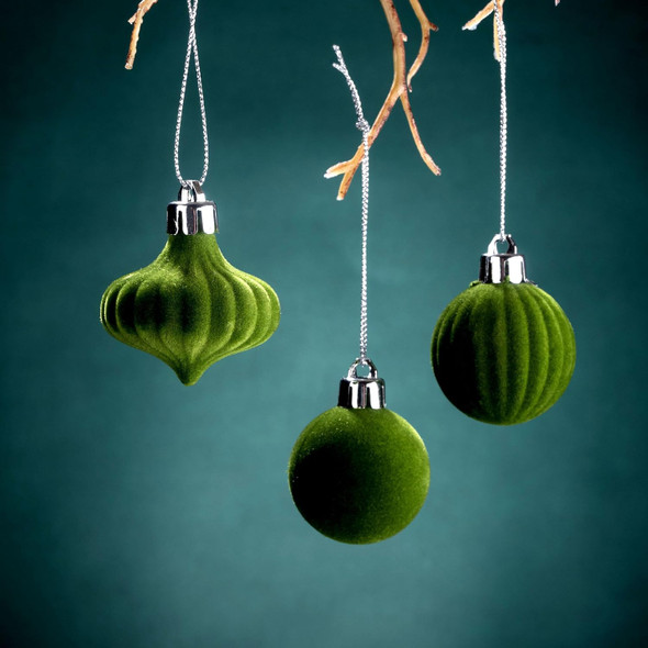 DecorbyHannah Mini Velvet Christmas Ornaments, 24ct Green Velvet Small Ornaments for Christmas Tree, Shatterproof Flocked Christmas Tree Ornaments Decorations for Home, St Patricks Day, Easter, Fall