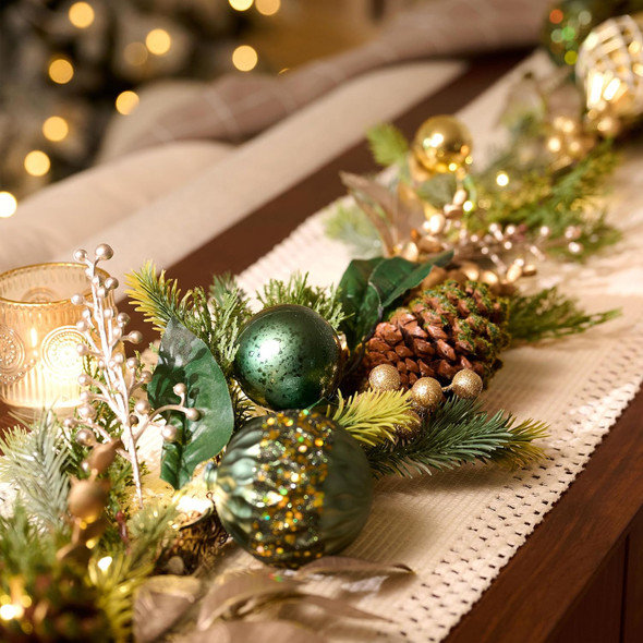 Decorbyhannah Christmas Garland with Lights, 6ft Lighted Artificial Greenery Garland Christmas Decorations with Pinecone and Green Gold Ornaments, Battery Operated Christmas Garland Indoor for Mantle