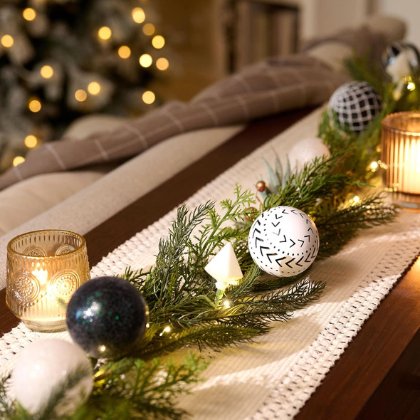 Decorbyhannah Christmas Garland with Lights, 6ft Lighted Norfolk Pine Garland with Boho Ornaments, Battery Operated Artificial Greenery Garland Christmas Decorations for Mantle(Boho Black & White)