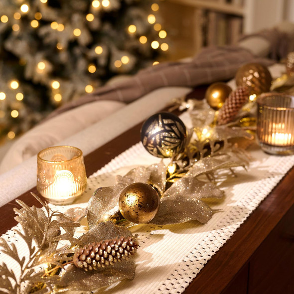 Decorbyhannah Christmas Garland with Lights, 6ft Prelit Christmas Garland Decorations with Gold Leaves Ornaments, Battery Operated Christmas Garland Indoor for Mantle, Stairs(Luxury Gold & Black)