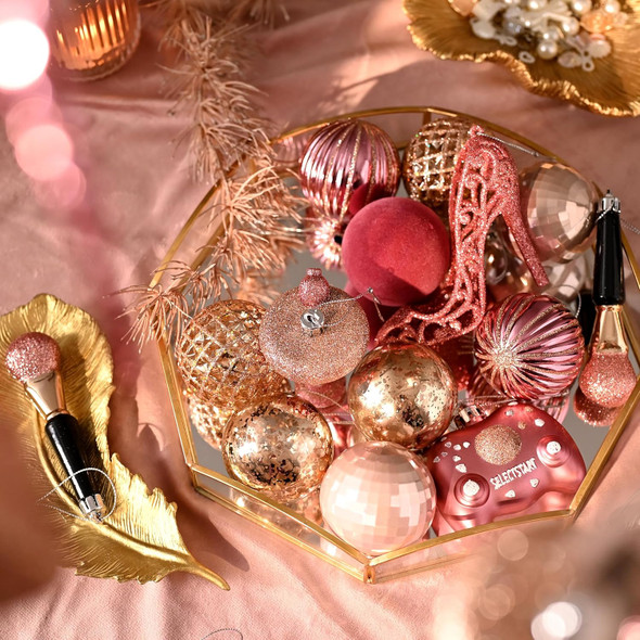 DecorbyHannah 40ct Christmas Ornaments Set, Assorted Pink Gold Christmas Tree Ornaments Decorations, Shatterproof Velvet Barbie Christmas Ball Ornaments Set for Xmas Tree,Girls Party,Home Decor