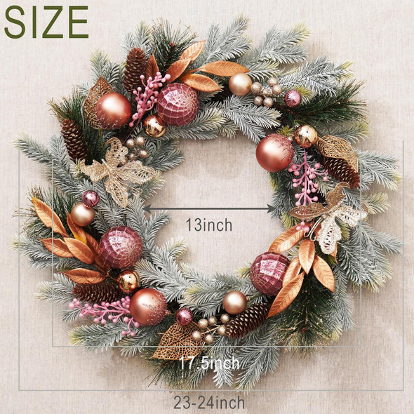 Decorbyhannah Collapsible Christmas Wreath, 24 inch Christmas Wreaths for Front Door with Lights, Artificia Reef Indoor Outdoor Decorations Pinecone Ornaments for Table Window (Pink & Gold)