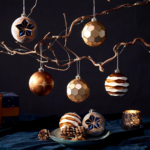 DecorbyHannah Christmas Ornaments, 9ct 80mm Large Blue Gold Bronze Christmas Tree Decorations, Shatterproof Decorative Celestial Star Ball Ornaments for Christmas Tree, Home Decor