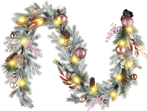 Decorbyhannah Christmas Garland with Lights, 6ft Prelit Christmas Garland Decorations with Ornaments, Pinecone and Butterfly, Battery Operated Christmas Garland Indoor for Mantle, Stairs(Pink Gold)