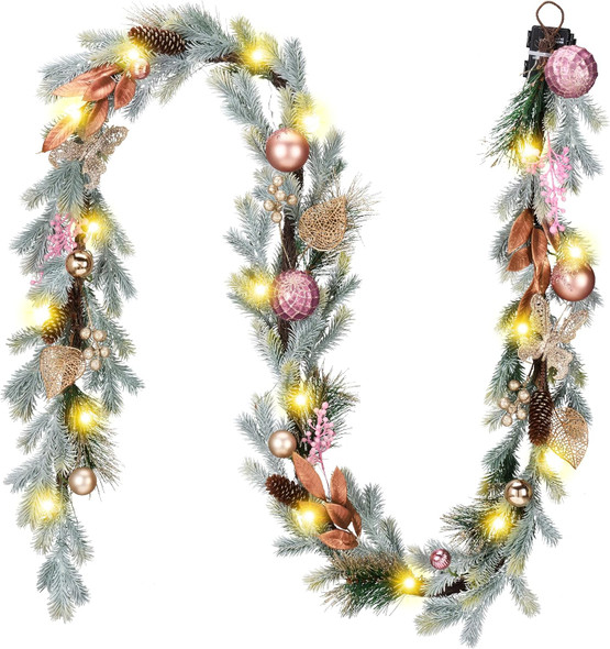 Decorbyhannah Christmas Garland with Lights, 9ft Prelit Christmas Garland Decorations with Ornaments, Pinecone and Butterfly, Battery Operated Christmas Garland Indoor for Mantle, Stairs(Pink Gold)