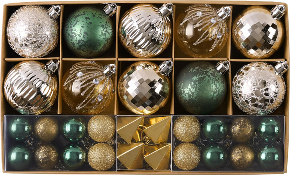 DecorbyHannah 50ct Christmas Ornaments Set, Green Gold Christmas Tree Ornaments Decorations, Assorted Shatterproof Decorative Hanging Ball Ornaments for Small Tree, Home Party Decor (30mm+60mm)