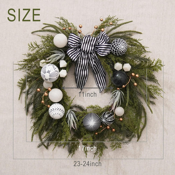 Decorbyhannah Collapsible Christmas Wreath, 24 inch Prelit Norfolk Pine Wreaths for Front Door with Ornament, Aritificial Greenery Christmas Wreath Decorations with Lights (Boho Black & White)