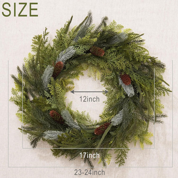 Decorbyhannah Christmas Wreath, 24 inch Prelit Collapsible Norfolk Pine Christmas Wreaths for Front Door, Aritificial Cypress Christmas Wreath with Lights for Outdoor Window Table Holiday Decorations