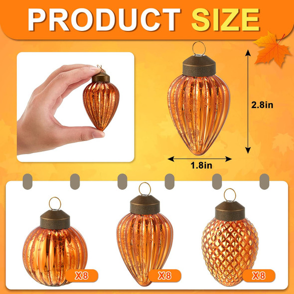 Deekin 24 Mini Glass Fall Tree Ornaments Set Thanksgiving Ornaments Assorted Mini Hanging Glass Ball Ornaments for Small Christmas Tree Decorations with Loop, 3 Styles(Orange)