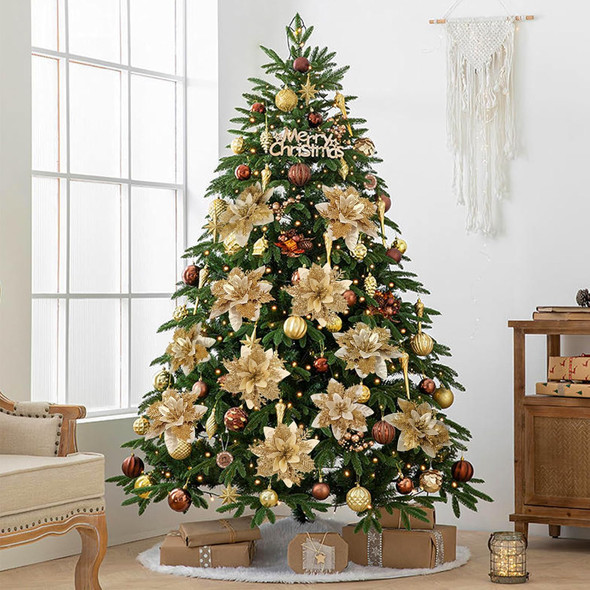 DEEMEI Christmas Poinsettia Artificial Flowers Christmas Tree Wreaths Garland Decoration 15 Pcs 5.5" Glitter Flowers Picks Decor for Xmas Year Wedding Party Ornaments Gold
