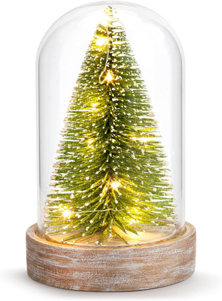 DEMDACO LED Snowy Tree Green and Tan 6.5 Inch Acrylic and Glass Christmas Figurine Cloche