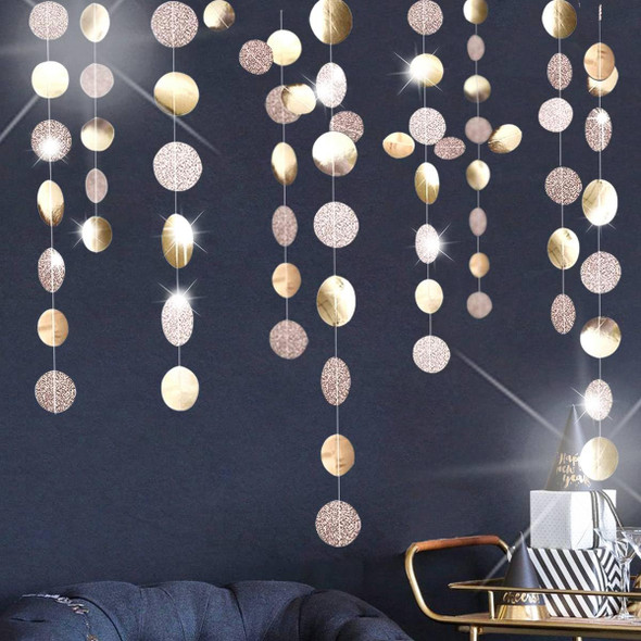 Glitter Party Decorations Champagne Gold Hanging Streamer Circle Dots Garland Paper Dots String Bunting Banner Backdrop Background Decor for Birthday Wedding Anniversary Engagement Christmas