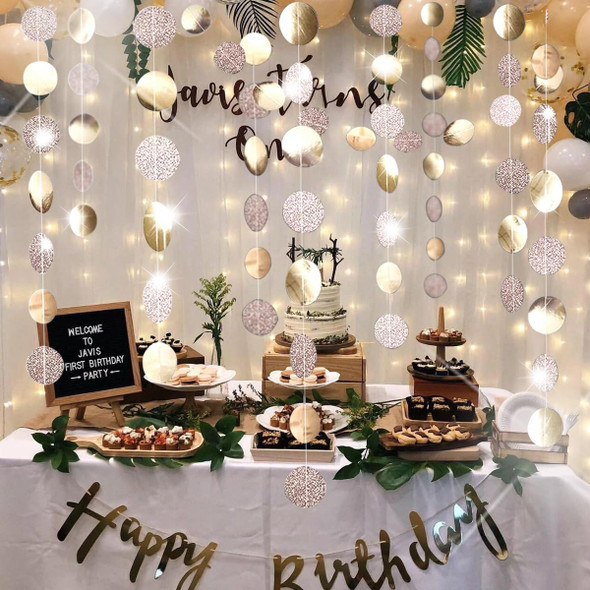 Glitter Party Decorations Champagne Gold Hanging Streamer Circle Dots Garland Paper Dots String Bunting Banner Backdrop Background Decor for Birthday Wedding Anniversary Engagement Christmas