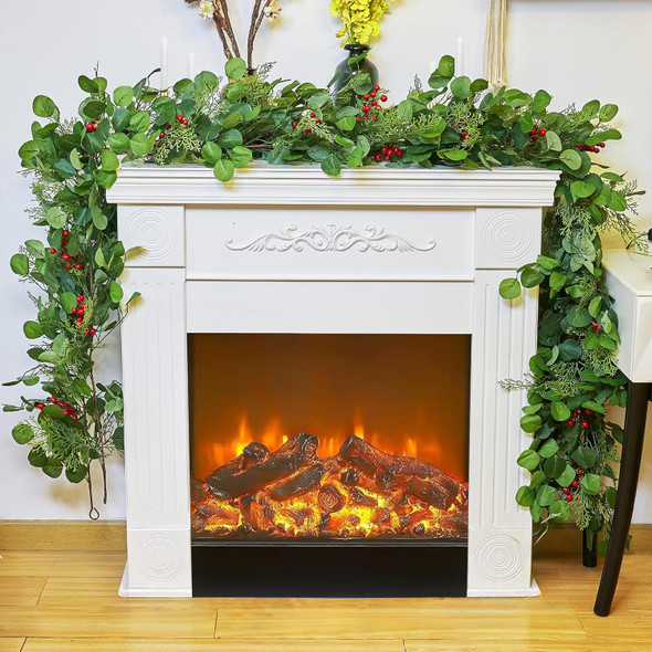 9Ft Christmas Garland, Artificial Eucalyptus Cedar Garland with Red Berry, Faux Cypress Realistic Greenery Garland for Table, Stairs, Porch, Mantle, Fireplace, Indoor Outdoor Christmas Decorations
