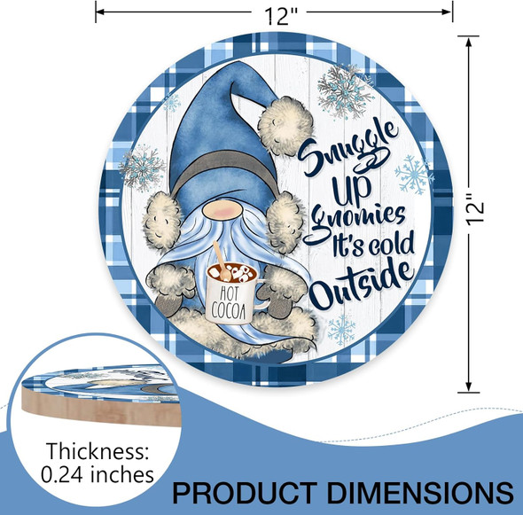 Deroro Winter Snuggle Up Gnomies It's Cold Outside Front Door Sign, Blue Gnome Plaid Farmhouse Wood Door Hanger Outdoor Porch Decor, Snowflake Christmas Wooden Wreath Indoor Wall Hanging Decoration