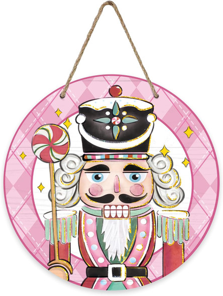 Deroro Christmas Nutcracker Front Door Sign, Pink Xmas Soldier Candy Buffalo Plaid Check Wood Door Hanger Outdoor Outside Porch Decor, Farmhouse Holiday Wooden Wreath Indoor Wall Hanging Decoration