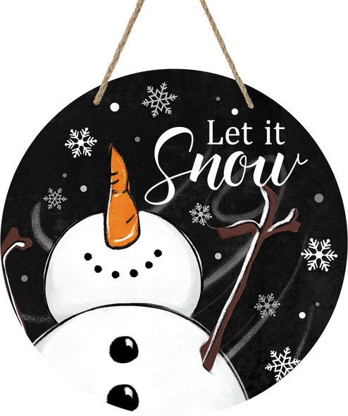 Deroro Let It Snow Snowman Sign for Front Door Decor, Winter Welcome Farmhouse Wood Door Hanger for Outdoor Outside Porch, Rustic Snowflakes Black Wooden Wreath Wall Hanging Decoration