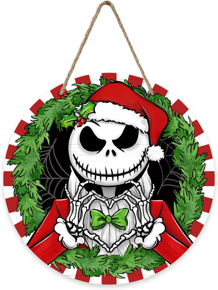 Deroro Christmas Jack Skellington Front Door Sign, Xmas Red White Stripes Green Wood Door Hanger Outdoor Outside Porch Decor, Spider Web Funny Holiday Wooden Wreath Indoor Wall Hanging Decoration