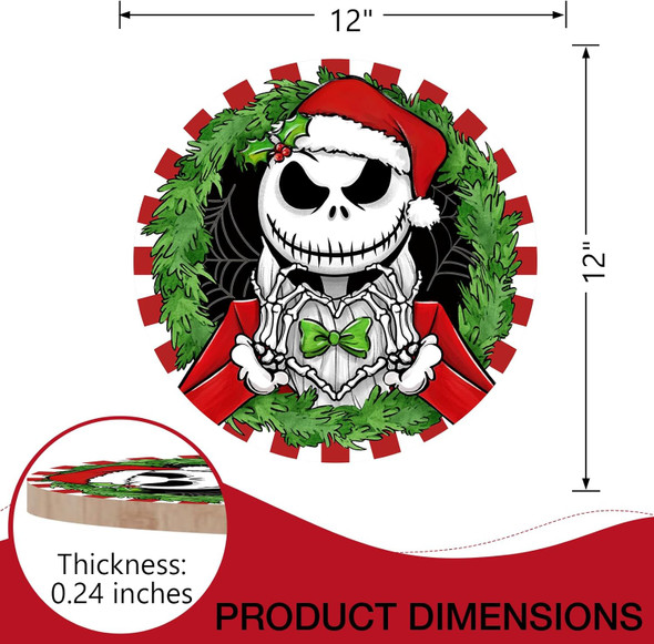 Deroro Christmas Jack Skellington Front Door Sign, Xmas Red White Stripes Green Wood Door Hanger Outdoor Outside Porch Decor, Spider Web Funny Holiday Wooden Wreath Indoor Wall Hanging Decoration