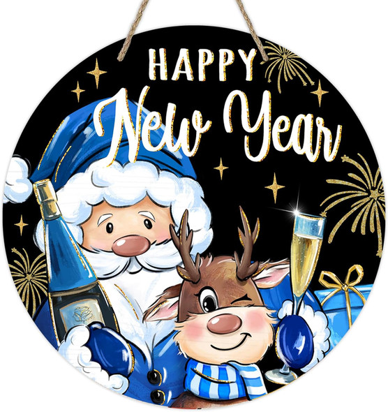 Deroro Happy Year Black Golden Front Door Sign, Blue Santa Claus Elk Wood Door Hanger Outdoor Outside Porch Decor, Firework Christmas Holiday Party Wooden Wreath Indoor Wall Hanging Decoration