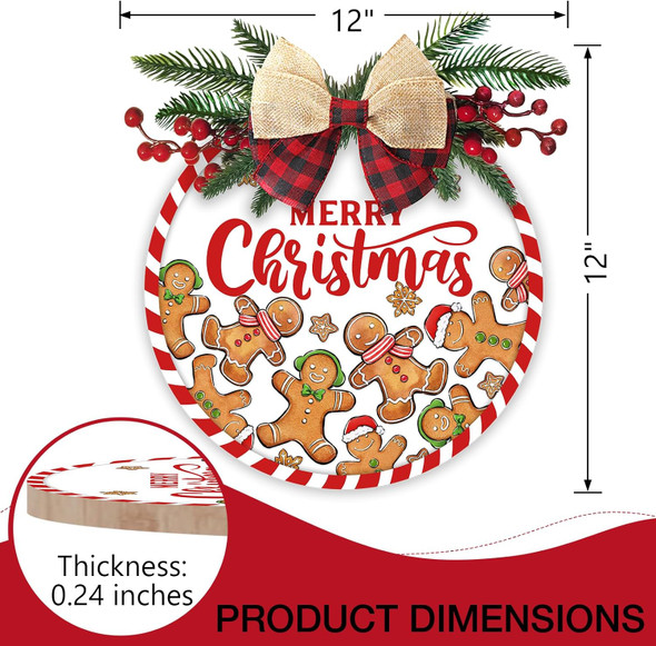 Deroro Merry Christmas Gingerbread Man Front Door Sign, Xmas Holiday Wood Door Hanger Outdoor Outside Porch Decor, Rustic Wooden Wreath with Plaid Bow Red Berry Indoor Wall Hanging Decoration
