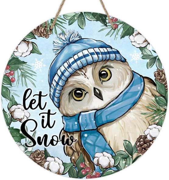 Deroro Winter Let It Snow Owl Front Door Sign, Pine Cone Cotton Red Berry Wood Door Hanger Outdoor Outside Porch Decor, Christmas Seasonal Snowflake Wooden Wreath Indoor Wall Hanging Decoration