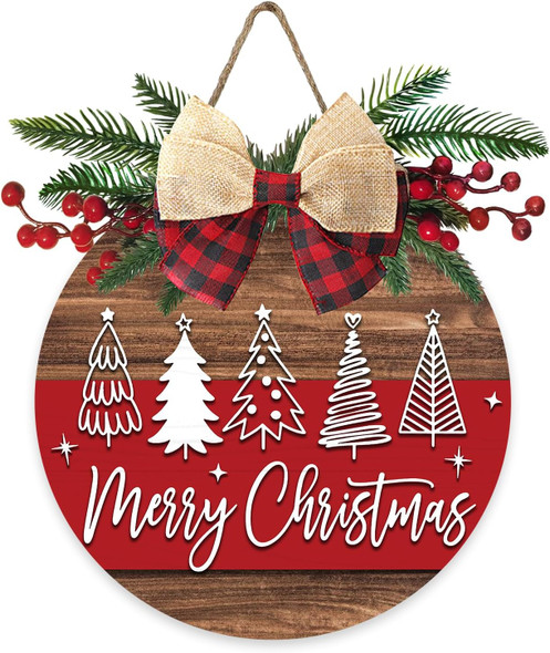 Deroro Merry Christmas Tree Front Door Sign, Xmas Holiday Farmhouse Wood Door Hanger Outdoor Outside Porch Decor, Rustic Wooden Wreath with Plaid Bow Red Berry Indoor Wall Hanging Decoration
