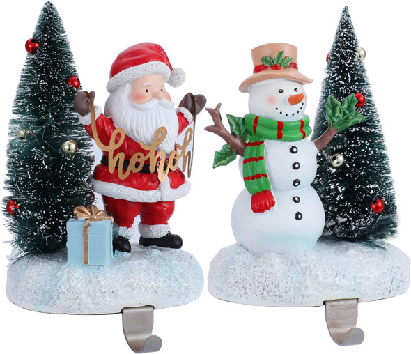 2 Set Christmas Snowman Stocking Holders for Fireplace Mantle Garland Mantel Clips Stocking Hook Santa Claus Stocking Hangers Holiday Decor (2,C- Santa Claus)
