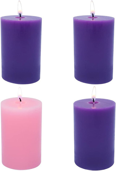 2×3 Inch Advent Pillar Candles, 3 Purple and 1 Pink Seasonal Celebration Candles for Advent Wreath and Christmas Decorations, Long-Lasting Slow-Burning Dripless Candle